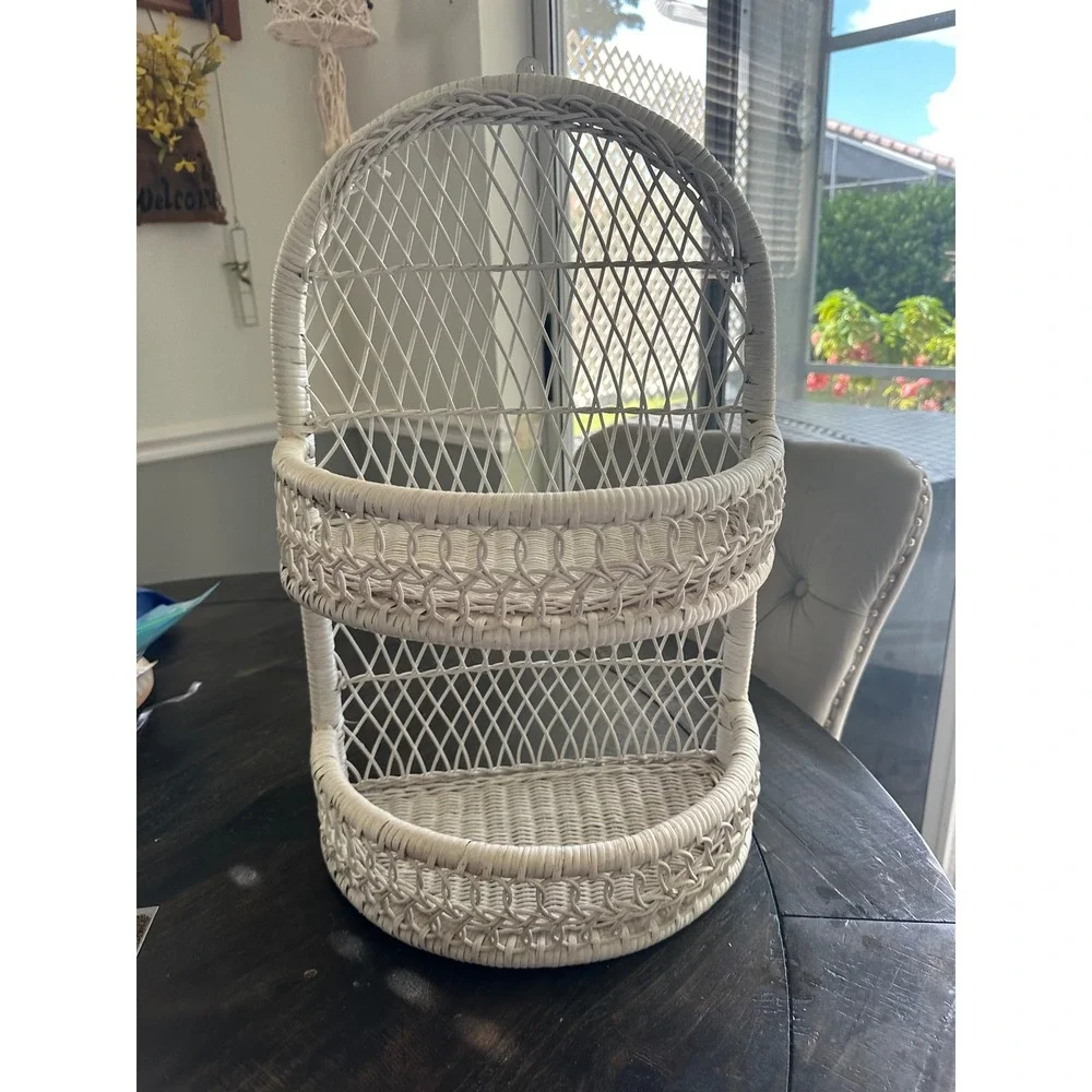 Vintage White Wicker Wall Shelf Arched Rattan 2 Tier Boho Coastal Decor 18in EUC